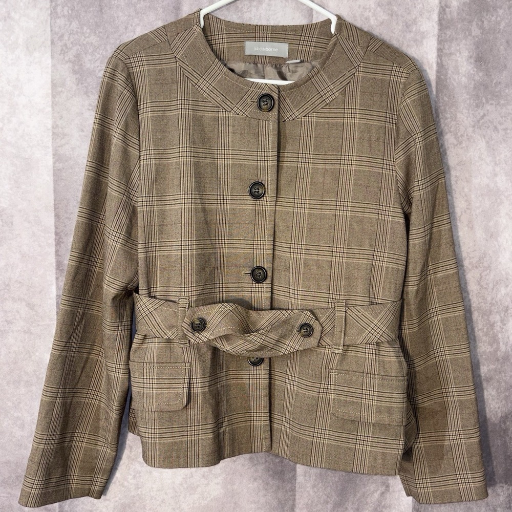 Vintage Liz Claiborne Plaid Coat Blazer Womens‎ 14 Academia Beige Tan